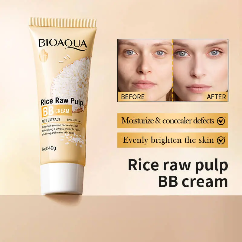 كريم بي بي بمستخلص الأرز الخام للترطيب وإخفاء العيوب 3في1 مع معامل حماية SPF 45 PA+++ بحجم 40 جم (BIOAQUA)