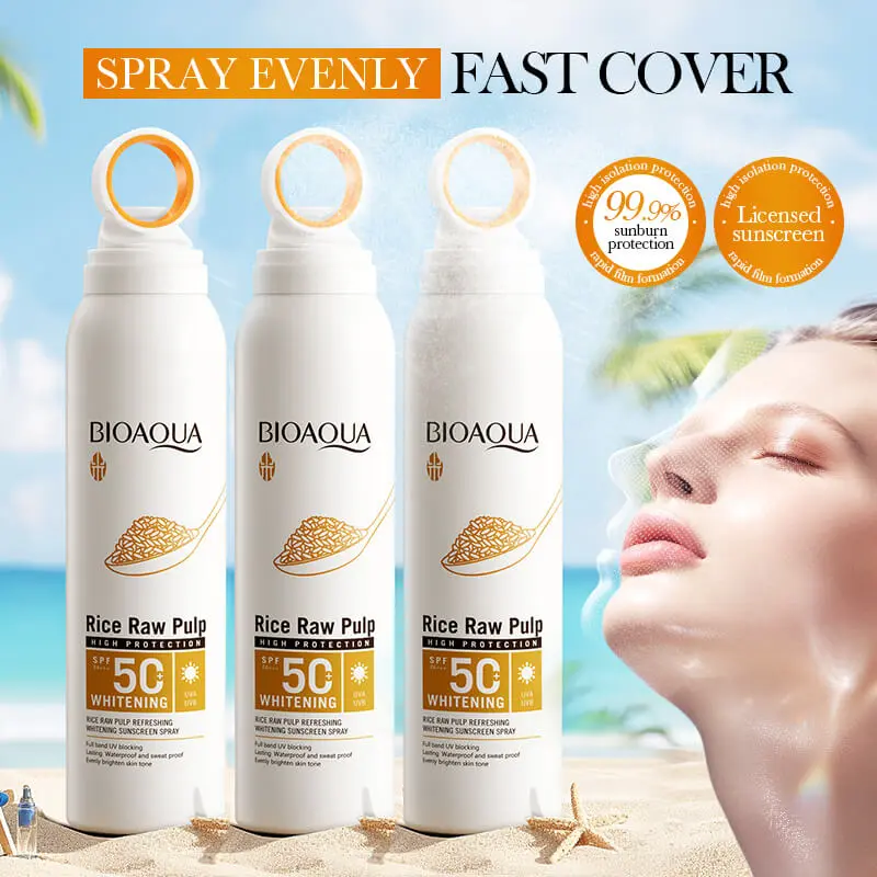 بخاخ واقي الشمس بيواكوا بخلاصة الأرز للتفتيح والحماية (BIOAQUA Rice Raw Pulp Refreshing Whitening Sunscreen Spray SPF 50+)