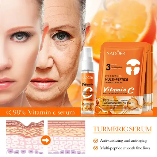 COFFRET COMBLEMENT ET FERMETÉ VITAMINE C, COLLAGÈNE ET MULTI-PEPTIDES SADOER (JOUES ET FRONT)
